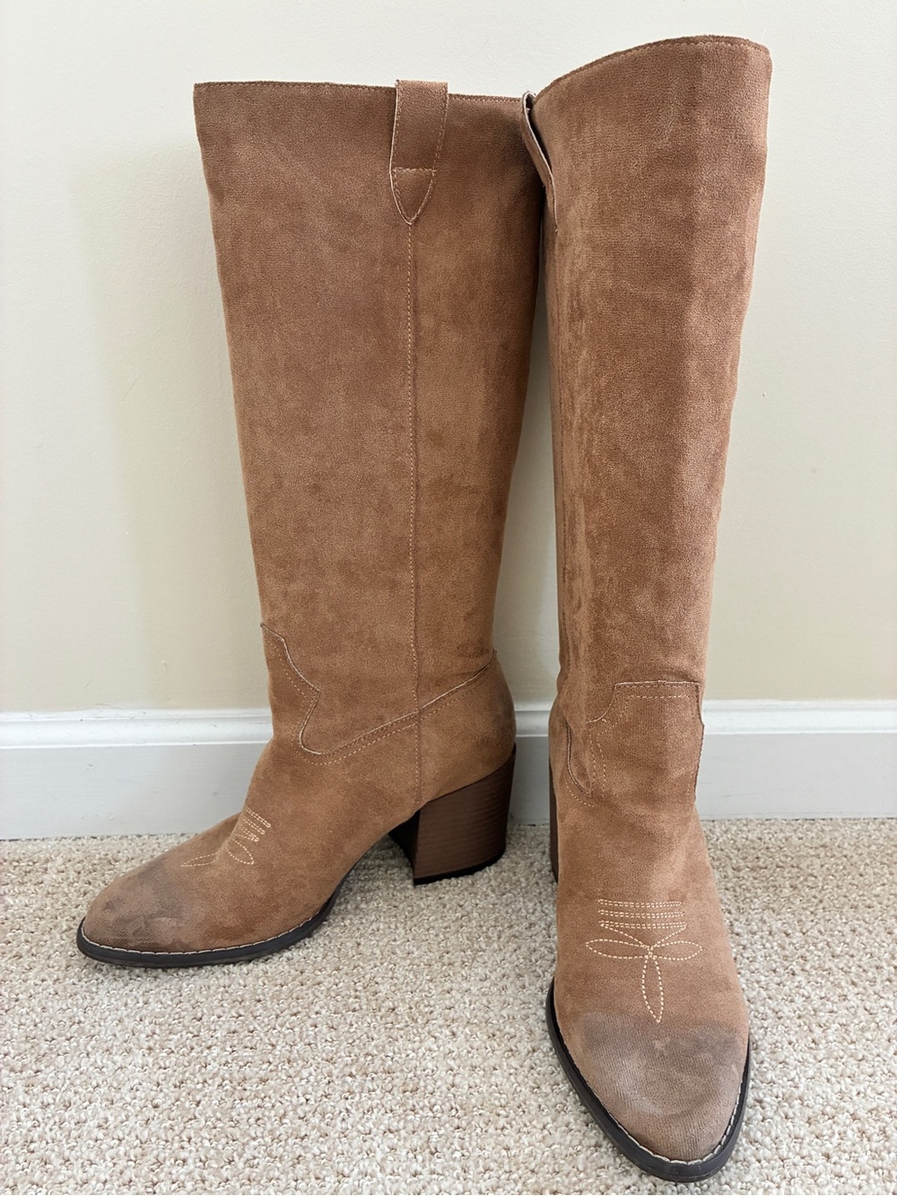 Women's Tall Suede Block Heel Boots in Tan